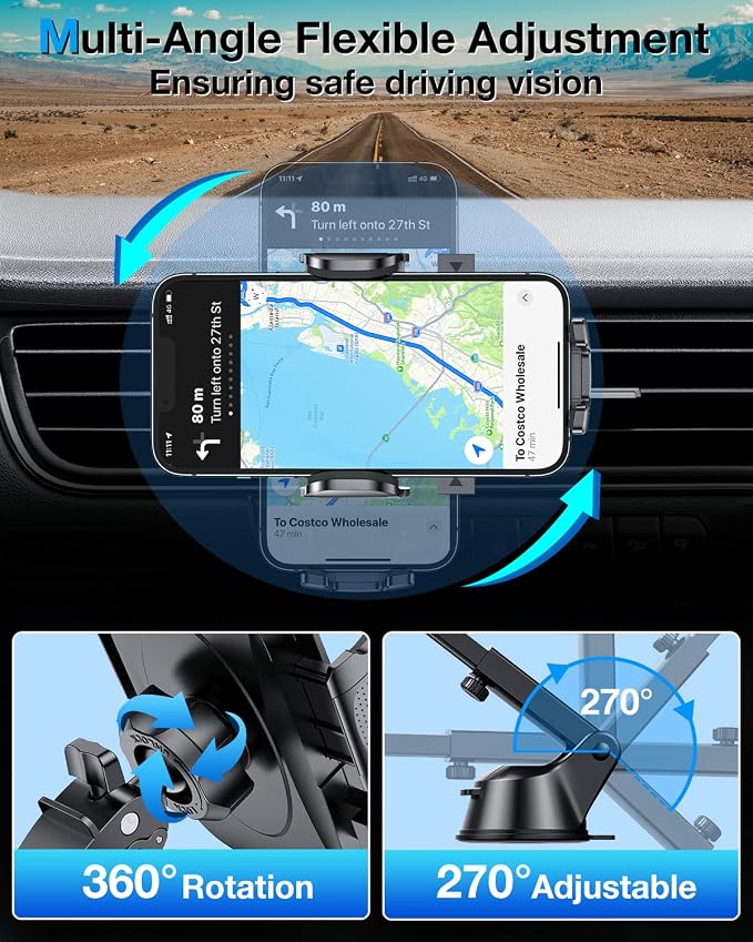 HTU Car Phone Holder【2026 Upgraded 100+LBS Suction & Safety Cert】 Cell Phone Car Mount for Truck Heavy Duty Phone Holder for Dashboard/Windshield/Vent for iPhone 17 16 Pro Max, Sapphire Blue