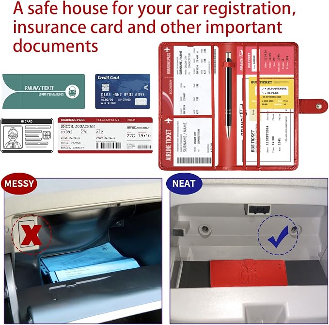 Car Registration and Insurance Card Holder with Magnetic Closure, Leather Vehicle Glove Box Automobile Documents Paperwork Wallet Case Organizer for ID, Driver's License, Key Contact Information Cards