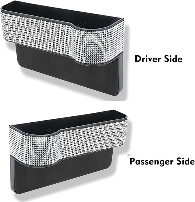 2 Pack Bling Bling Car Seat Organizer Front Seat Gap Filler with Crystal Rhinestones Diamond, PU Leather Car Seat Console Storage Organizer for Car Interior Accessories (2 Pack)