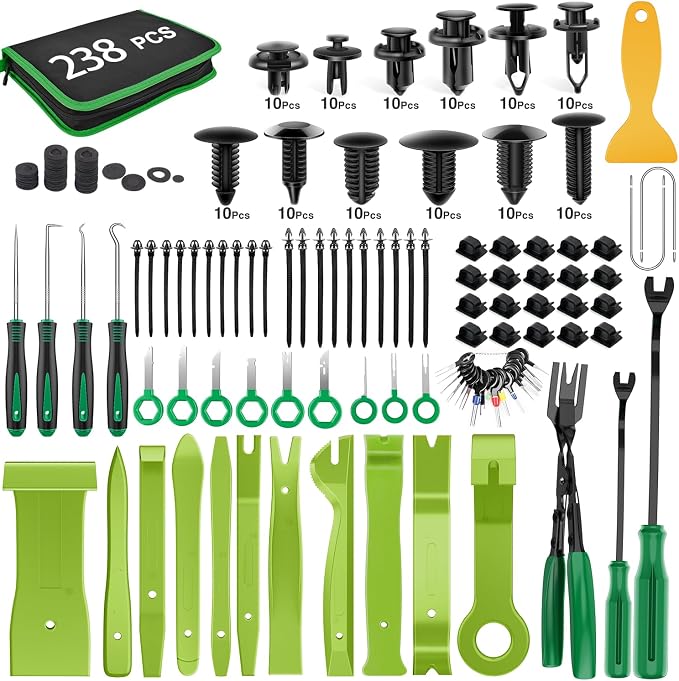 GOOACC 238Pcs Trim Removal Tool, Auto Push Pin Bumper Retainer Clip Set Fastener Terminal Remover Tool Adhesive Cable Clips Kit Car Panel Radio Removal Auto Clip Pliers, Green