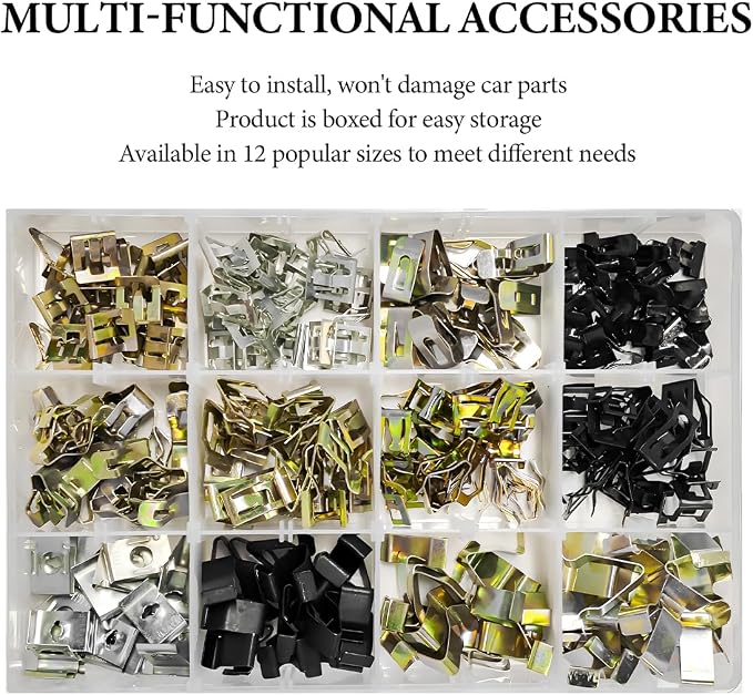 KVAEY 240PCS Car Dashboard Trim Clips, 12 Sizes Metal Dash Panel Retainer Auto Interior Trim Clips Kit, Universal U-Clip Trim Moulding Clip Fasteners Replacement for Most Cars