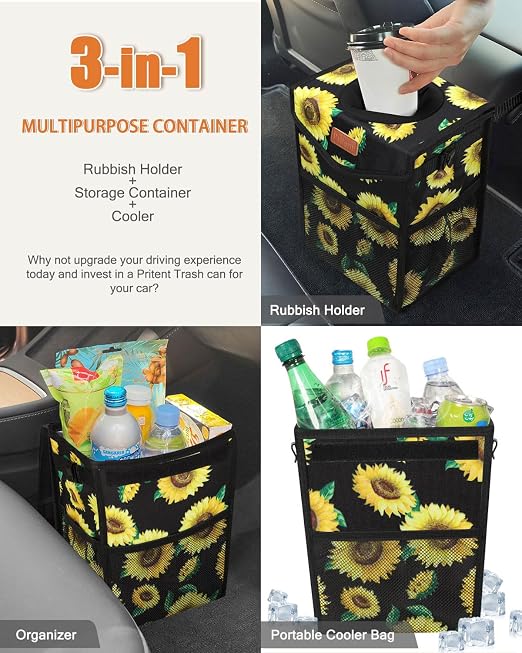 Pritent Car Trash Can with Lid, Cute Leakproof Car Trash Garbage Bag Hanging Vehicle Trash Bin Small Portable Automotive Garbage Cans Organizer for Back/Front Seat/Console(Trapezoid,Sunflower)