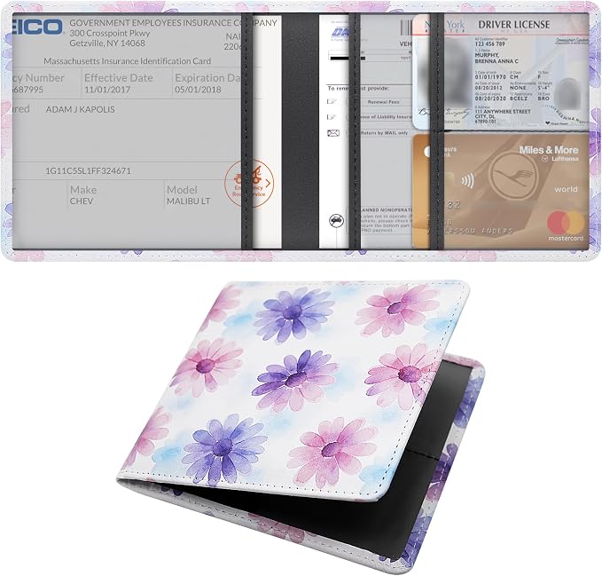 LumiMokki Car Registration and Insurance Holder, Leather Registration and Insurance Card Holder, Vehicle Glove Box Organizer - For Documents, Cards, License (Floral B)