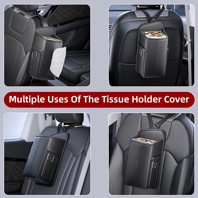 Car Tissue Holder for Front Seat, Headrest Organizer with 2 Side Mesh Pockets for Phones & Cards, L-Square Tissue Box Cover Holds 150 Tissues, Durable PU Leather