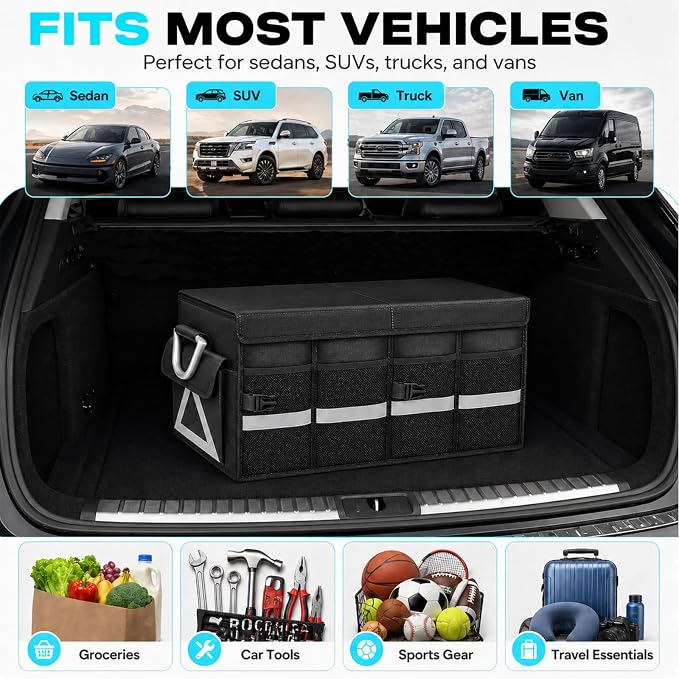Car Trunk Organizer with Lid, Collapsible SUV Trunk Organizer, Foldable Cargo Organizer with 4 Compartments, Non-Slip Bottom, Securing Straps, Large Capacity Storage Bag for SUV Truck Van, Black