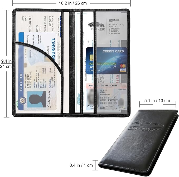 LumiMokki Premium Car Registration & Insurance Card Holder with Magnetic Shut, Vehicle Glove Box Car Organizer - For Documents, Cards, License (Cowhide Black)