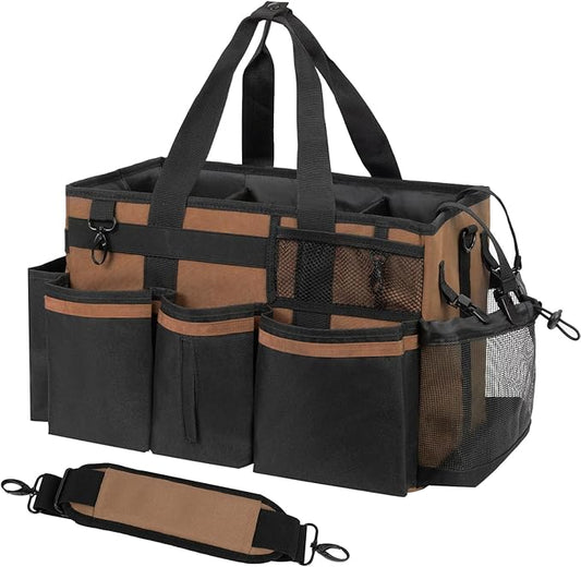 SCAVATA Wearable Cleaning Caddy, Cleaning Caddy Supplies Organizer with Handle & Shoulder Straps for Housekeepers, Under Sink & Car Cleaning Tool Organizers Bag with 4 Foldable Divider (Brown)