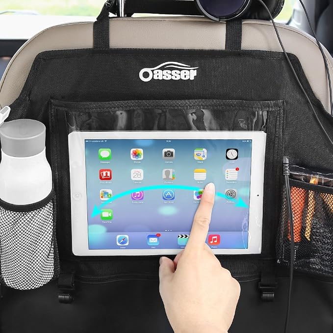 Oasser Seat Back Protector Kick Mats 12.9" I pad Holder 2 Pack XL with 1 Tissue Box Car Seat Organizer Back of Seat Protector Clear 2 Large Car Organizers and Storage