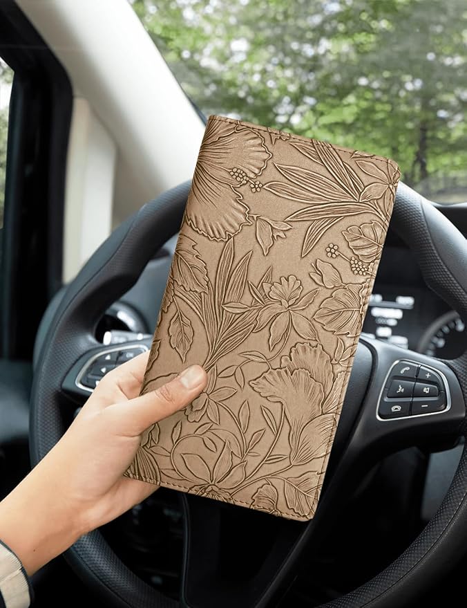 Mymazn Car Registration and Insurance Holder, PU Leather Glove Box Car Organizer with Magnetic Closure, Car Document Holder for Driver's License & Essential Documents (Floral Khaki)