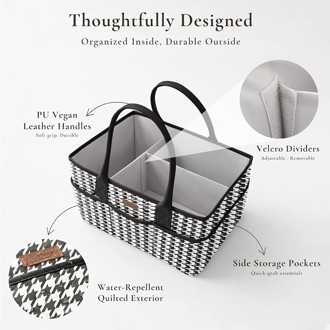 Konssy Quilted Diaper Caddy Organizer, Diaper Caddy Basket with PU Leather Handles, Water-Repellent Nursery Storage Basket, Portable Car Organizer, Registry Search Must Haves (Black Hound)