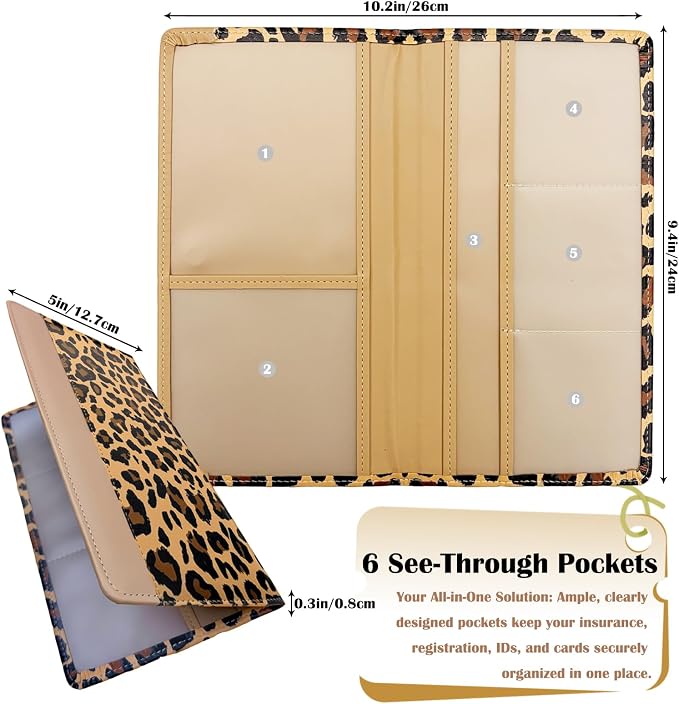 Car Registration and Insurance Holder with Magnetic Closure, Universal Document Organizer for License, Insurance Cards & Glove Box Storage (Leopard-Brown)