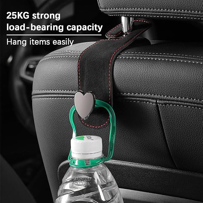Car Seat Headrest Hook, 2PCS Suede Leather Cute Love Heart Type Vehicle Storage Hanger for Purse Bag, Auto Interior Seat Back Organizer Accessories, Universal for SUV Sedan Truck (Black)