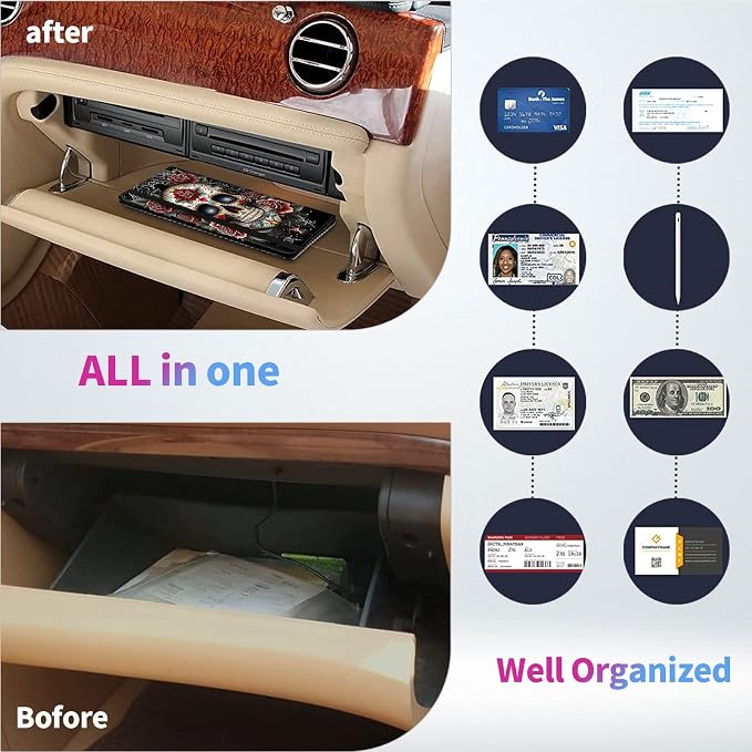 Car Registration and Insurance Holder,Leather Insurance License and Registration Card Holder for Car Glove Box, Auto Truck Document Holder Organizer for Men Women-Sugar kull with Roses Gothic Art