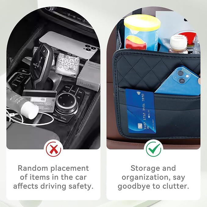 Car Seat Back Hanging Bag, PU Leather Automotive Seat Back Organizer, Multipurpose Vehicle Travel Essentials Accessories for Kids & Adults, Universal for Most Cars (Black)