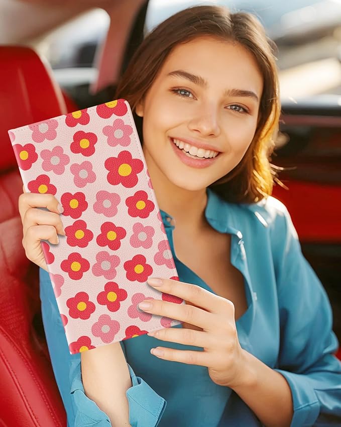 Slohif Car Registration and Insurance Card Holder - Floral Vehicle Glove Box Organizer Women with Magnetic Shut Leather Automobile License Holders Coasters Auto Accessories Case for Document