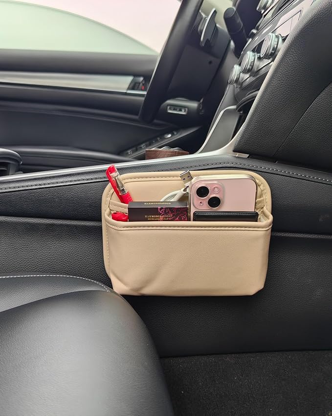 Driver's Car Storage Bag, Small Car Side Pocket Organizer for Car Seats, Doors and Consoles, PU Leather (Beige)