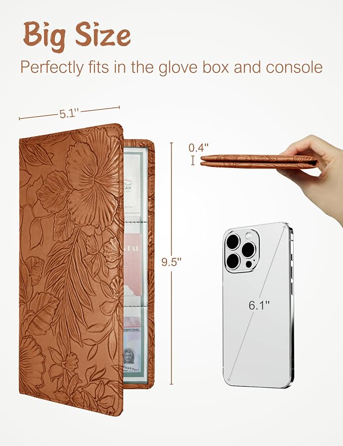 Mymazn Car Registration and Insurance Holder, PU Leather Glove Box Car Organizer with Magnetic Closure, Car Document Holder for Driver's License & Essential Documents (Floral Brown)