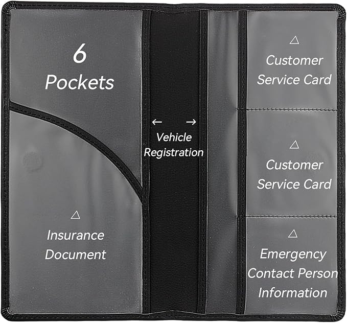 Car Registration and Insurance Holder, Premium Pu Leather Vehicle Glove Box Organizer - for Driver License, Cards & Essential Documents (L-Black)