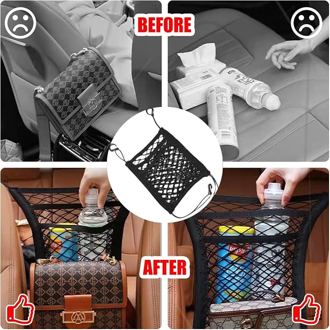 3-Layer Car Mesh Organizer, Seat Back Net Bag, Driver Storage Netting Pouch, Barrier of Backseat Pet Kids, Cargo Tissue Purse Holder（Upgrade Stretch Length）