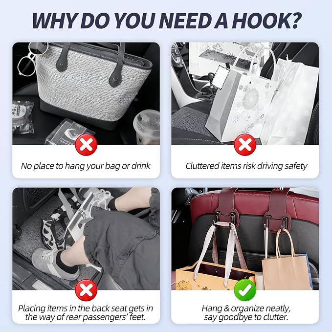 2 Packs Headrest Hooks for Car, Hidden Twinhook Leather & Metal Car Purse Holders, Universal for BMW X5 X3 X1 X7 Accessories, Seat Back Storage Organizer Hanger for Purse Bag Phones(Red)