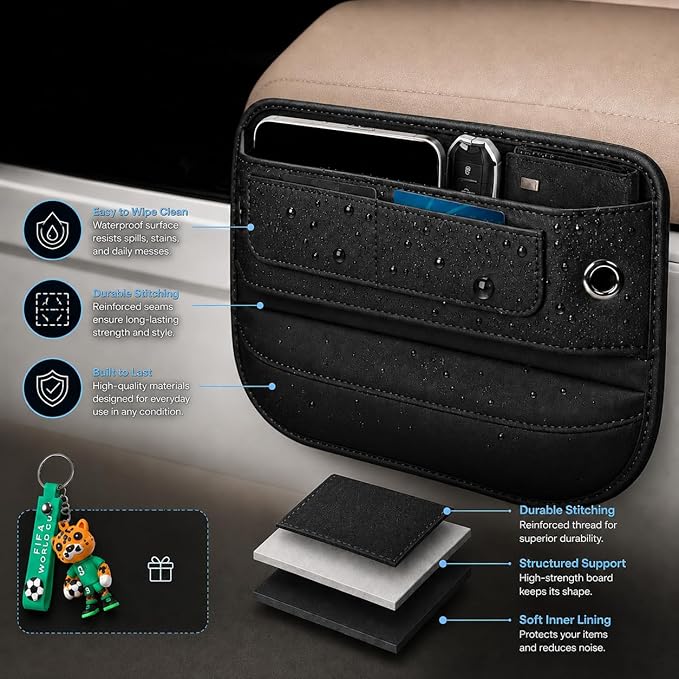Car Seat Gap Filler, 1 Pack Anti-Fall PU Leather Seat Gap Organizer, Stop Phone Keys Coins Sunglasses from Dropping into Seat Crevice, Universal Front Seat Side Storage for Cars, SUV and Truck