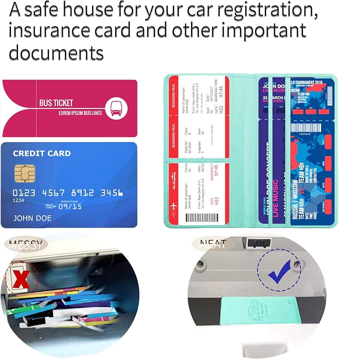 Car Registration and Insurance Card Holder - Leather Vehicle Glove Box Automobile Documents Paperwork Wallet Case Organizer for ID, Driver's License, Key Contact Information Cards - Men&Women