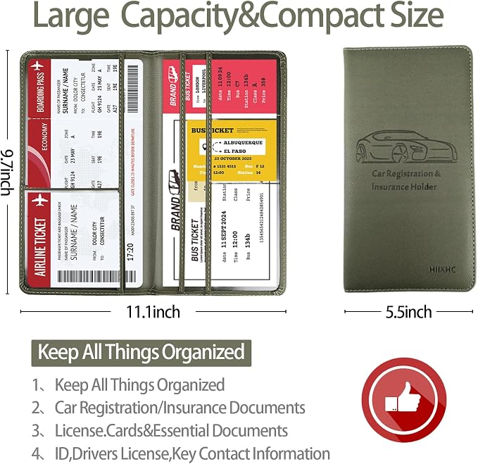 Car Registration and Insurance Card Holder - Leather Vehicle Glove Box Automobile Documents Paperwork Wallet Case Organizer for ID, Driver's License, Key Contact Information Cards