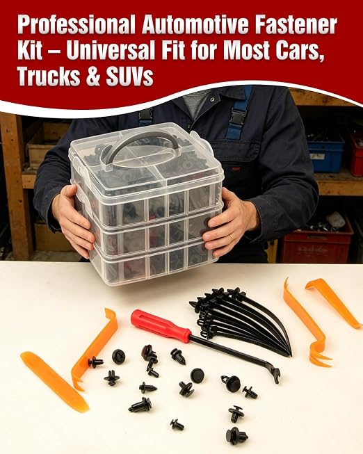 635PCS Automotive Retainer Clips& Trim Removal Tools,16 Universal Sizes Push Type Rivets Fasteners,Door Panel Clips with 10 Cable Ties for Ford, Toyota, Chevy, Honda