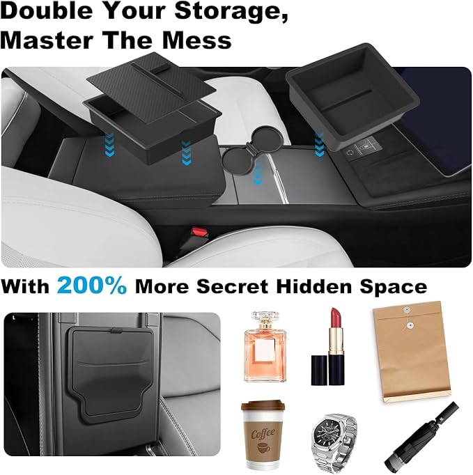 Eonflux Center Console Organizer for Tesla Model Y Juniper (2025-2026 Only Premium & Performance) & Model 3 Highland (2024-2026),Hidden Storage Box & Cup Holder with Silent Silicone Liner, 5PCS Black