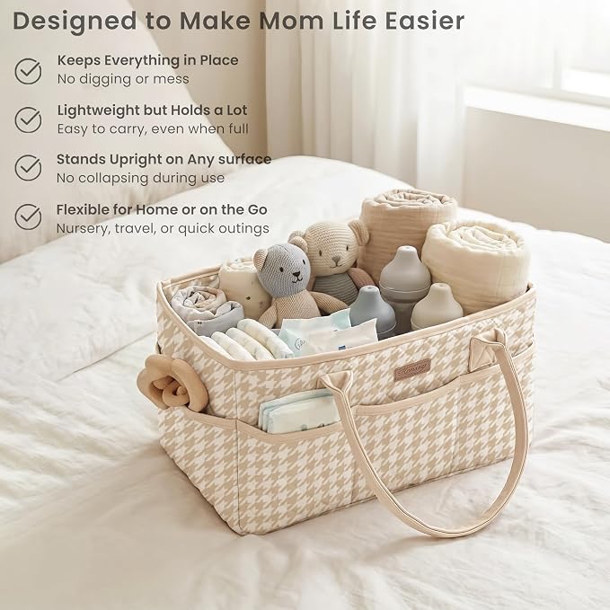 Konssy Quilted Diaper Caddy Organizer, Diaper Caddy Basket with PU Leather Handles, Water-Repellent Nursery Storage Basket, Portable Car Organizer, Registry Search Must Haves (Apricot Hound)