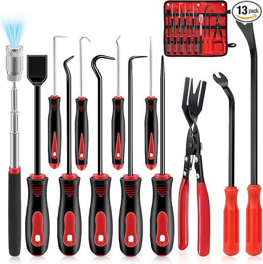 13 Pcs Precision Pick and Hook Tool Set with Clip Removal Plier Rivets Puller Fastener Remover Telescoping Magnetic Pickup Gasket Scraper for Electronics Maintenance Pick Tools Automotive Repair
