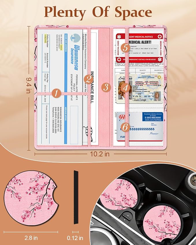 Slohif Car Registration and Insurance Card Holder - Peach Blossom Vehicle Glove Box Organizer Women with Magnetic Shut Leather Automobile License Holders Coasters Auto Accessories Case for Document
