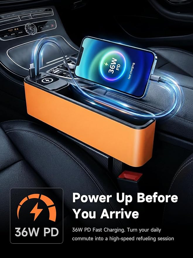Elecshion Car Seat Gap Filler Organizer with 69W Retractable Car Charger | 2 USB Ports and 2 Charging Cable Car Seat Organizer, Seat Gap Storage Box for Sedans Suv Truck, Car Interior Accessories