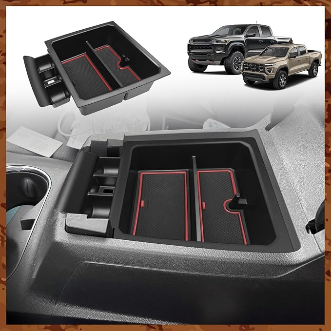 Muslogy Center Console Organizer Compatible with 2023-2025 2026 Chevy Colorado/GMC Canyon Accessories, Interior Storage Box Coin Container Armrest Secondary Tray Non-Slip Mat Fit with OEM Tray (Red)