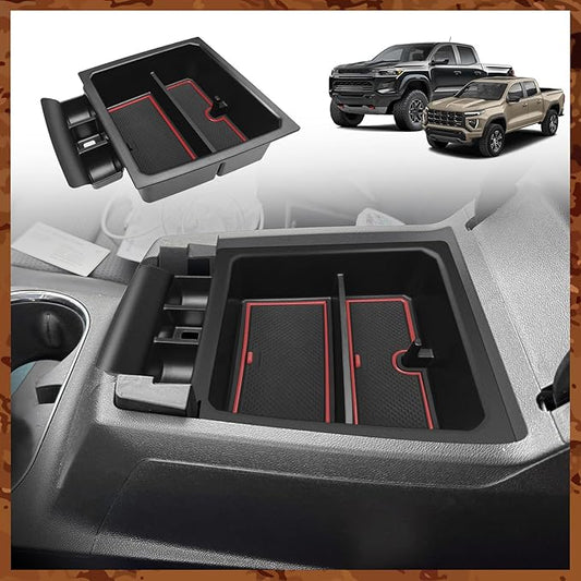 Muslogy Center Console Organizer Compatible with 2023-2025 2026 Chevy Colorado/GMC Canyon Accessories, Interior Storage Box Coin Container Armrest Secondary Tray Non-Slip Mat Fit with OEM Tray (Red)