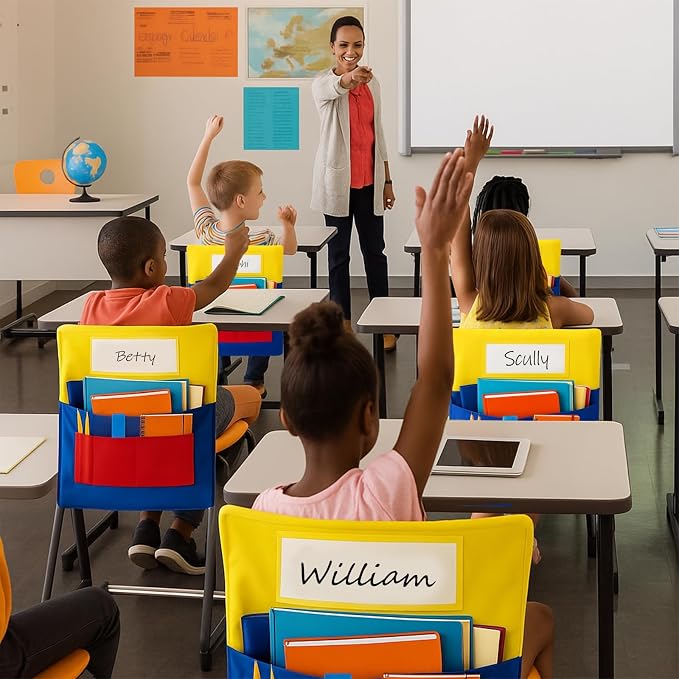 25 PCS Chair Pockets for Classroom Chairs, 15"W x 19"H Seat Sacks with 5 Pockets, Durable 600D Oxford Student Chair Bag Organizer with Name Tag Slot for K-5 Kindergarten School, Colorful