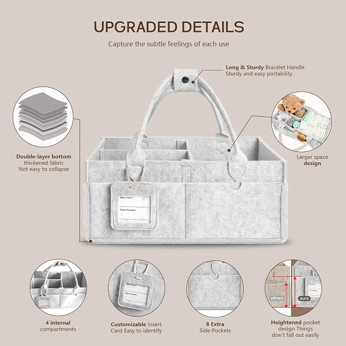 GEMII Diaper Caddy Organizer-Large Baby Caddy Organizer with Handle, Newborn Registry Essentials, Baby Shower Basket Gifts for Boys or Girls (Gray, Large)