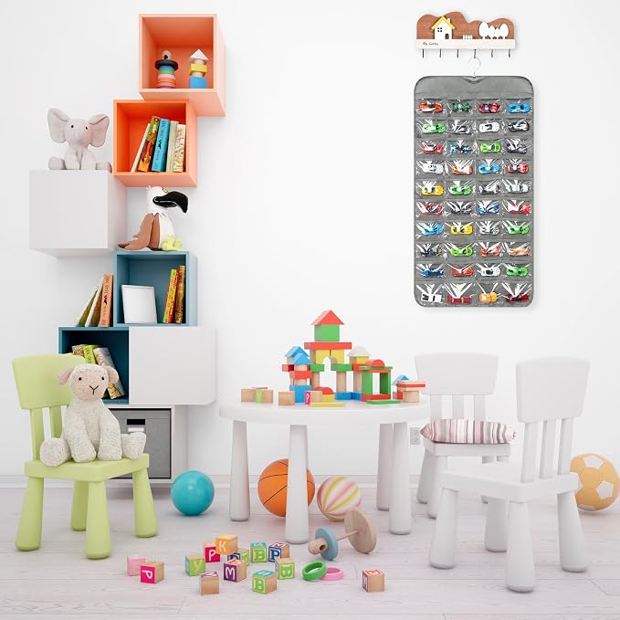 Hanging Organizers for Toy Car Double Sided 80 Pockets Display Case for Toy Cars (Without Toy Cars) (80 Slots Gray)