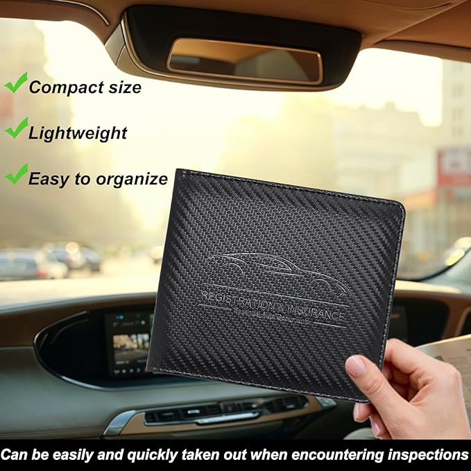 Car Registration and Insurance Holder, Premium Leather Insurance and Registration Holder,vehicle Glove Box Car Organizer, with Magnetic Shut for Cards, Driver License (Carbon Fiber Black-S)