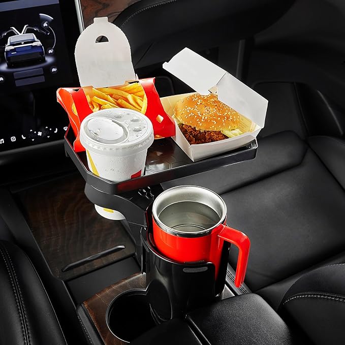 JoyTutus 2 Pack Cup Holder Tray for Car, Car Cup Holder Expander with 360°Rotation Tray, Large Cup Drink Holder Fit for Yeti/Hydro Flask, Detachable Food Tray Table, Road Trip Essentials