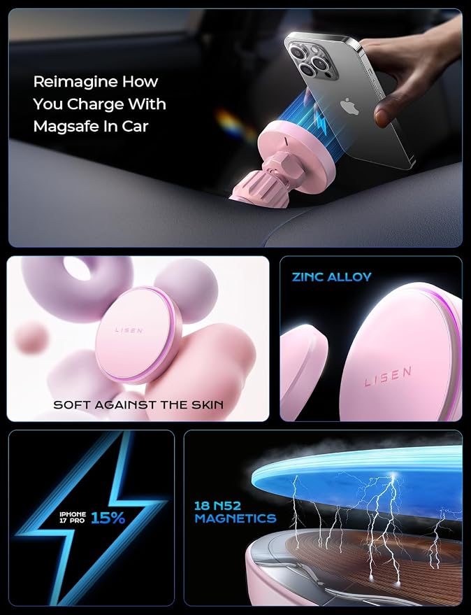 LISEN 15W MagSafe Car Mount Charger,[Light Pink] Magnetic Wireless Car Charger, Dashboard & Air Vent Car Phone Mounts, Magnetic Phone Holder for Car Mount for iPhone 17/16/15/14/13/12, Samsung Pixel | [Light Pink & Purple LED light] Magsafe Car Mount C...