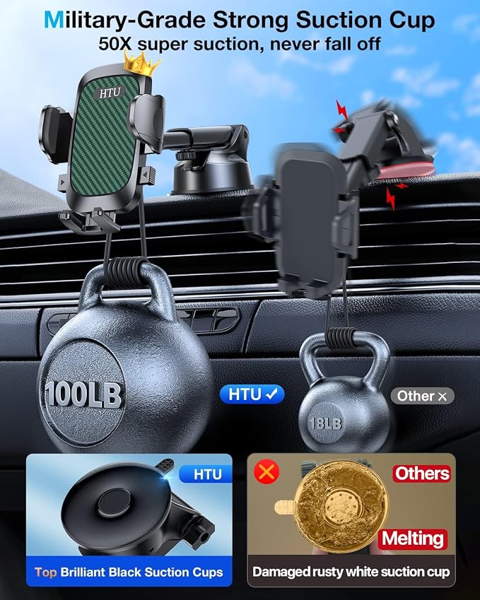 HTU Car Phone Holder【2026 Upgraded 100+LBS Suction & Safety Cert】 Cell Phone Car Mount for Truck Heavy Duty Phone Holder for Dashboard/Windshield/Vent for iPhone 17 16 Pro Max, Green