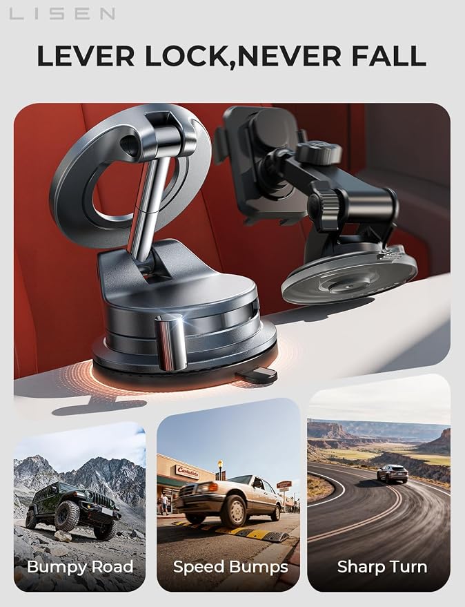 LISEN for Magsafe Car Mount, Magnetic Phone Holders for Your Car Vacuum, Phone Mount for Car Accessories for Women Men Jeep BMW, Suction Phone Holder Gifts Kits, for iPhone 17 Pro Max 16 15 14 13 12