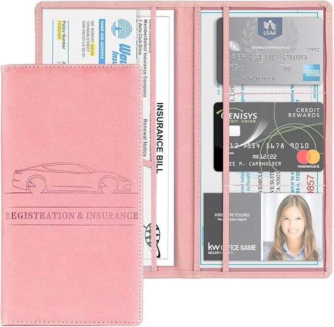 XINLIYA Car Registration and Insurance Card Holder, PU Glove Box Essential Documents Paperwork Driver License Organizer for Car, Wallet Case Auto Vehicle Truck Accessories for Women and Men (Rose