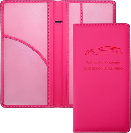 Yarnic Car Registration and Insurance Holder, Car Document Holder with Magnetic Closure, Registration and Insurance Card Holder Car Organizer Glove Box Compartment Organizer for Men Women (Hot Pink)