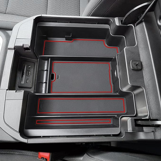 PIMCAR Full Size Console Armrest Organizer Compatible with 2019-2022 Chevy Silverado/GMC Sierra 1500 & 2020-2023 Silverado/Sierra 2500 HD/3500 HD-Full Console w/Bucket Seats ONLY Red Trim
