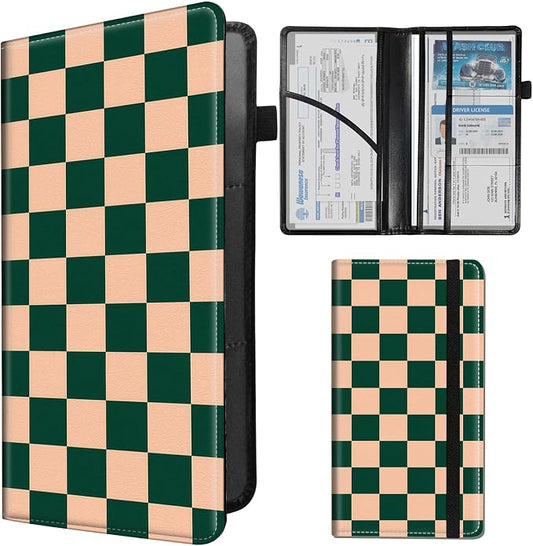 Car Registration and Insurance Holder,PU Leather Car License Document Insurance and Registration Card Holder Men Women Vehicle Glove Box Organizer Auto Accessories-Dark Green Checkerboard Pattern