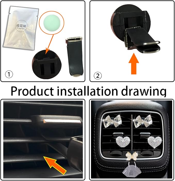 Bling Heart & Bow Diamond Heart Car Air Fresheners & Diffuser, 4 Pcs - Fun Car Vent Clips With Cute Butterfly Mask Hook