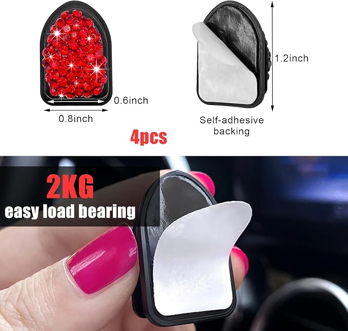 Yourkar 4PCS Bling Car Mini Hooks, Multifunctional Adhesive Small Auto Storage Hook for Key Cable Mask, Crystal Rhinestone Dashboard Hanging Hook, Interior Decor Car Accessories (Red)