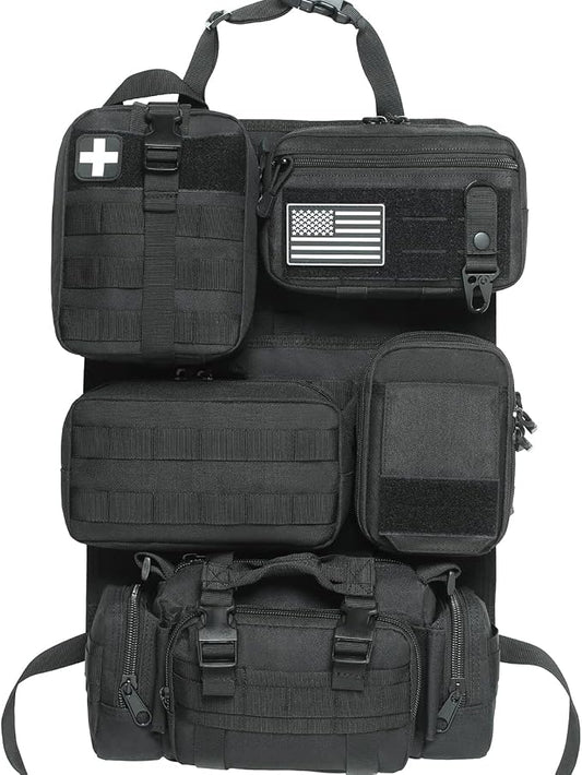 6 Pack Tactical Molle Car Seat Back Organizer - Tactical Vehicle Panel Organizer with 5 Detachable Molle Pouch,US Flag Patch and Keychain,Great Trunk Accessories for Man